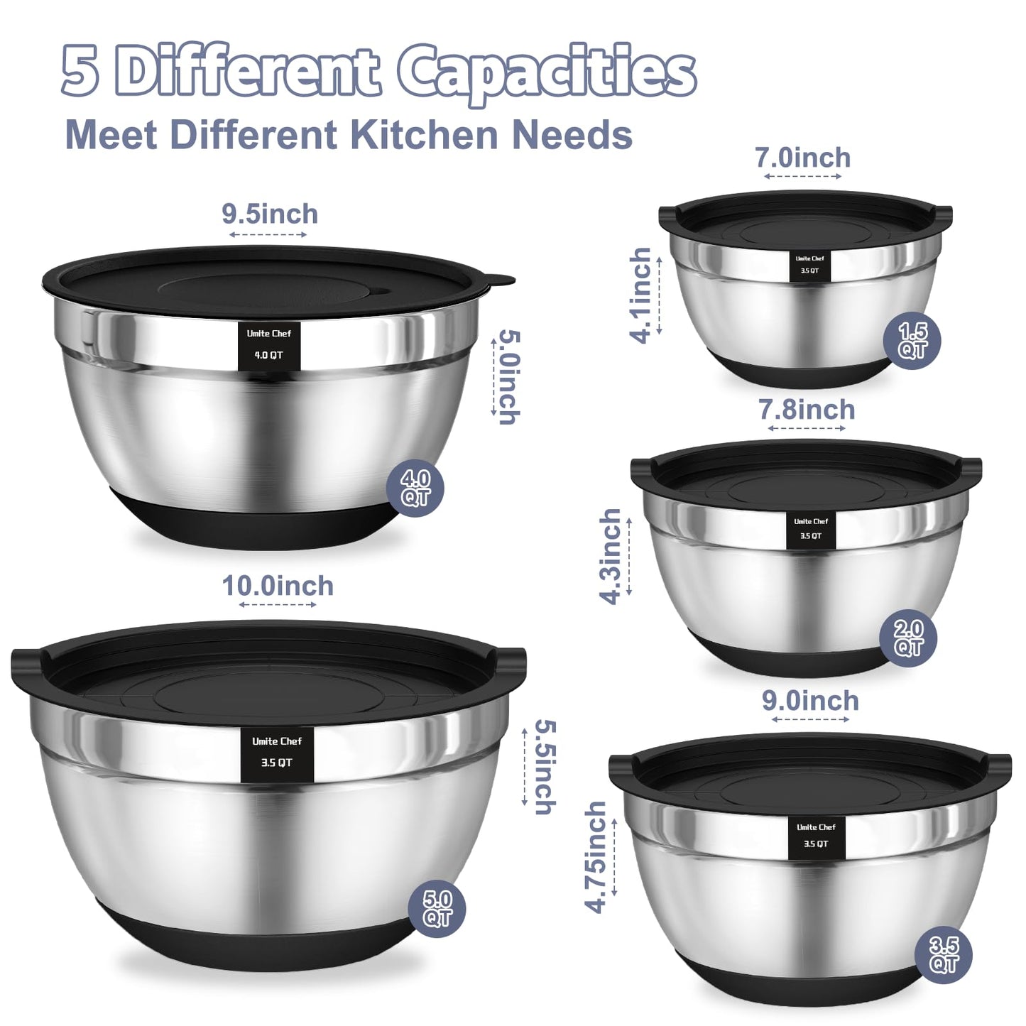 Umite Chef Mixing Bowls with Airtight Lids Set, 8PCS Stainless Steel Nesting Bowls Set, 3 Grater Attachments & Non-Slip Bottoms, Size 5, 4, 3.5, 2, 1.5QT for Baking & Mixing(Black)