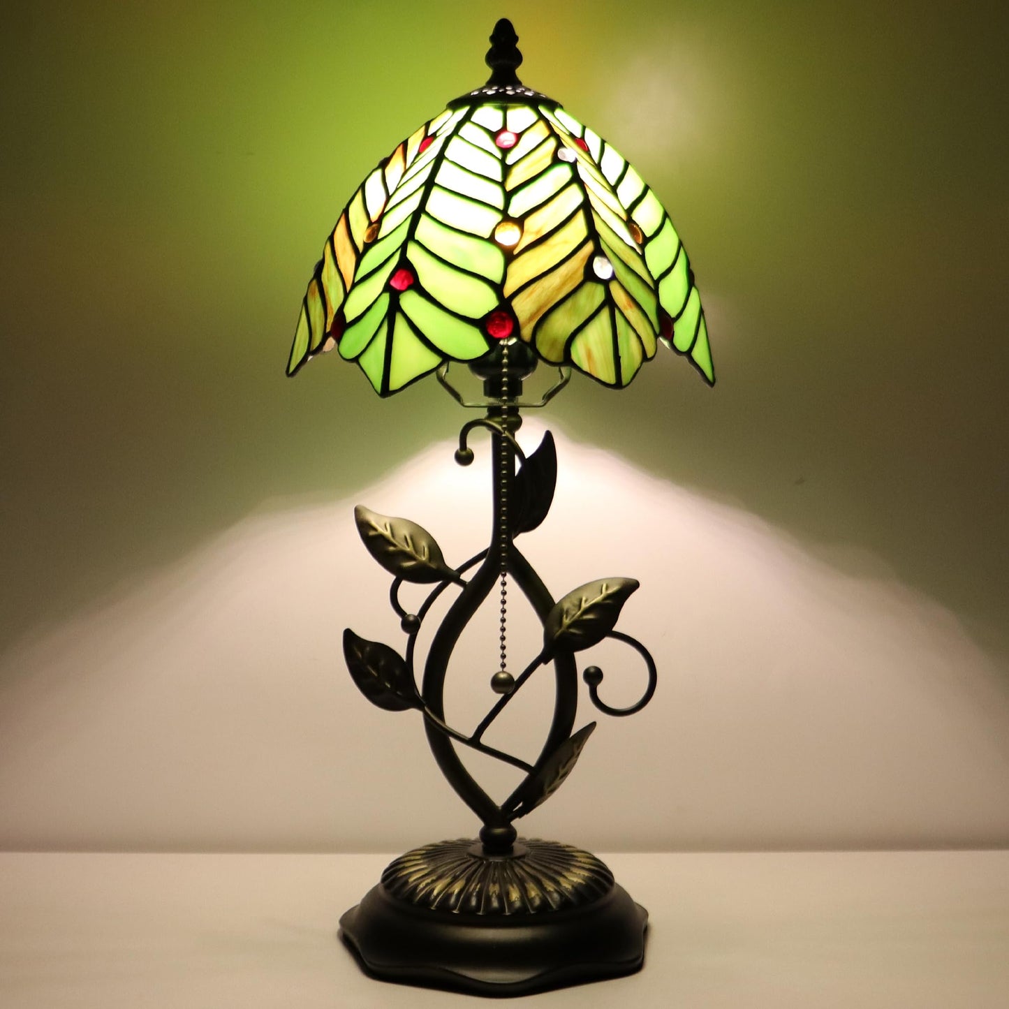 MQYXH Tiffany Style Stained Glass Table Lamp Green Coconut Leaves 18 Inch