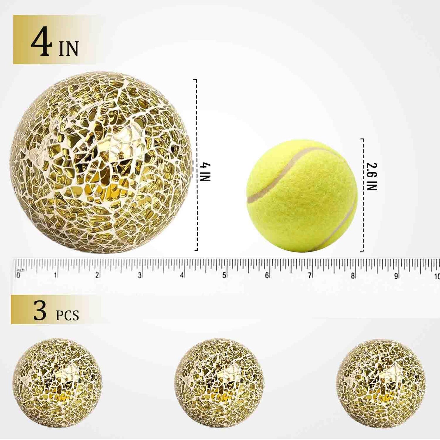 v2croft 4 in Decorative Orbs Glass Balls Set of 3,Mosaic Sphere Globe for Whole Housewares,Wedding/Birthday,Bowls,Vases Dining Table Centerpieces (Gold)