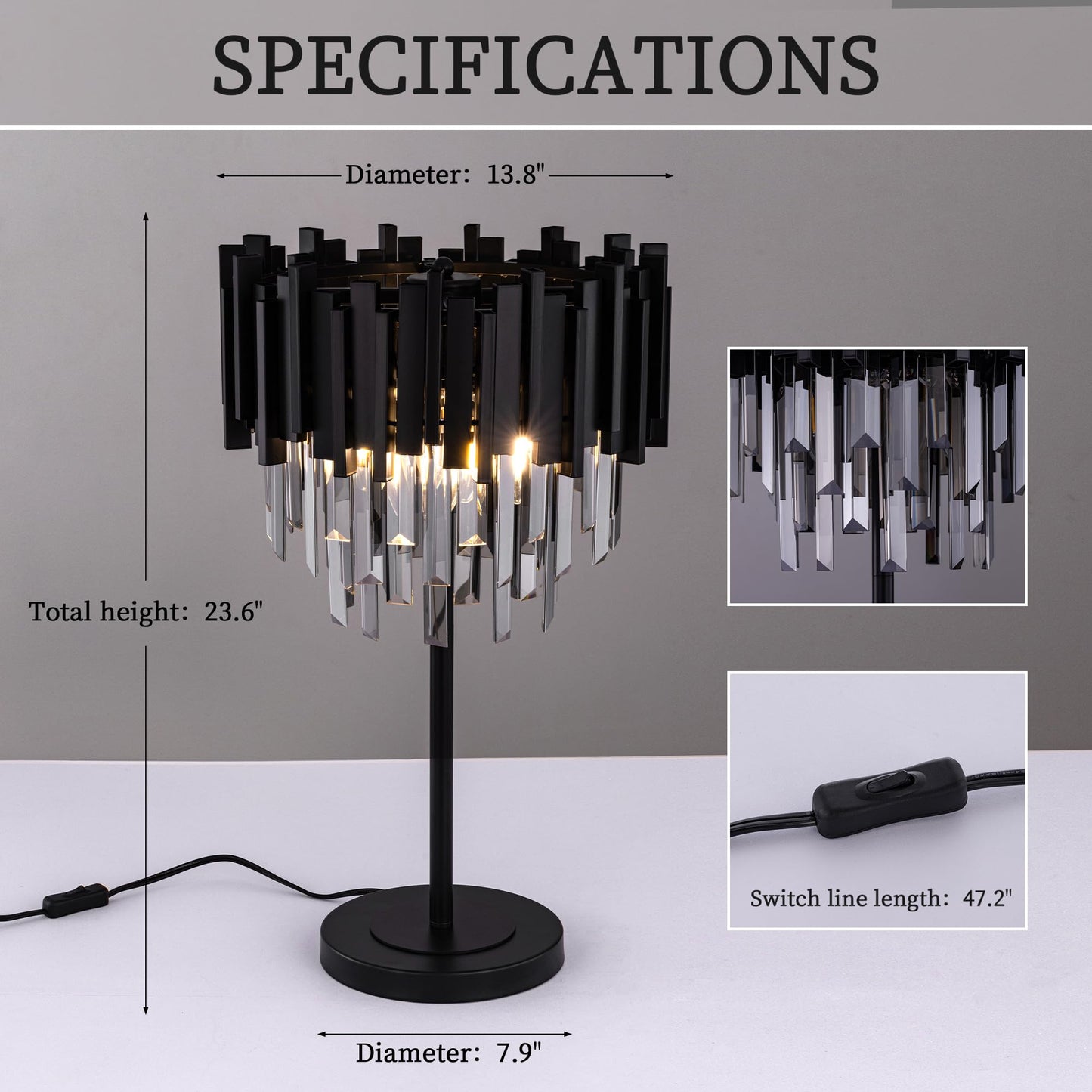 Wellmet Grey Crystal Table Lamp,3 Lights Table Lamps for Bedroom,Black Bedside Nightstand Lamps for Living Room,Small Decorative Desk Lamp for Reading Room