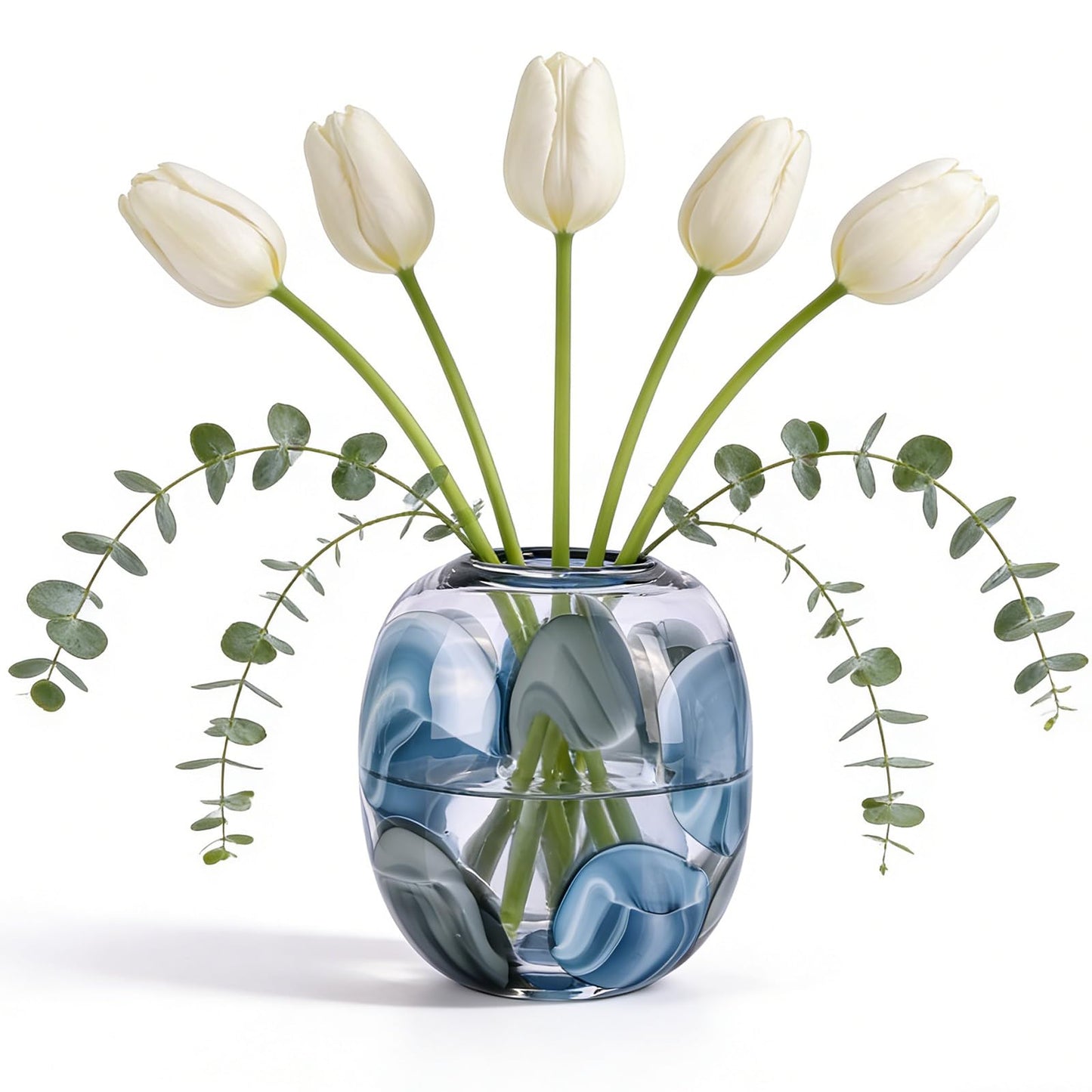 oliruim 8.4" H - Hand Blown Blue Glass Vase, Wide Mouth Round Vase for Flowers, Beautiful Modern Coastal Decor for Home Living Room Bedroom Tabletop Centerpiece (Small)