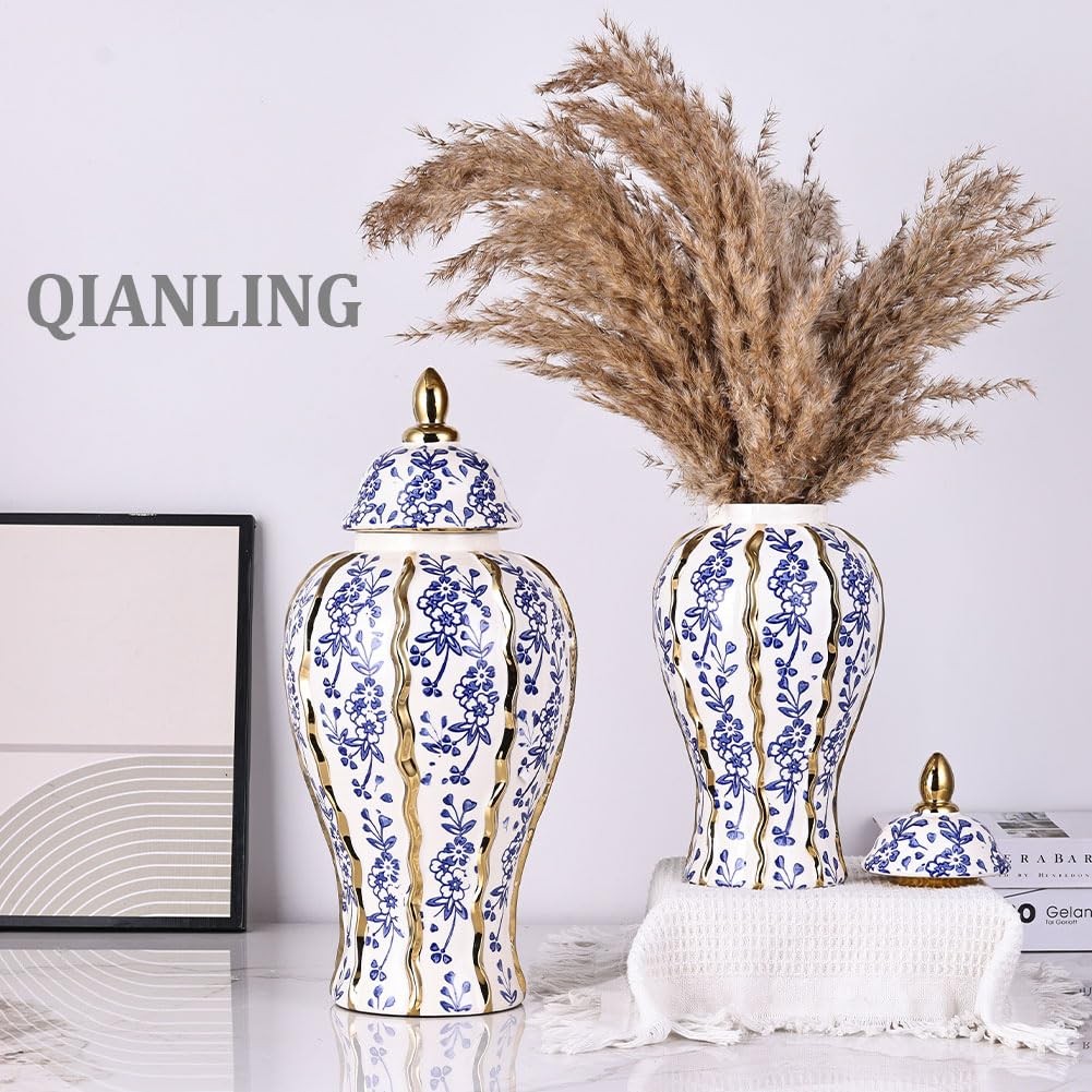 White and Gold Blue Luxury Ceramic Ginger Jar Vase with Lid - Modern Geometry Decorative Vase for Home Decor, Living Room, Kitchen, Dining Table, Cabinet Decor