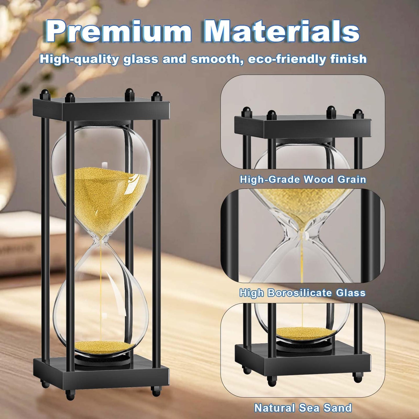 60 Minutes Hourglasses Timer: Large Black Wooden Gold Sand Timer Clock, Reloj De Arena 1 Hora, Sand Watch 60 Min, 1 Hour Sandglass for Home Office Desk Decorative (Gold Sand)