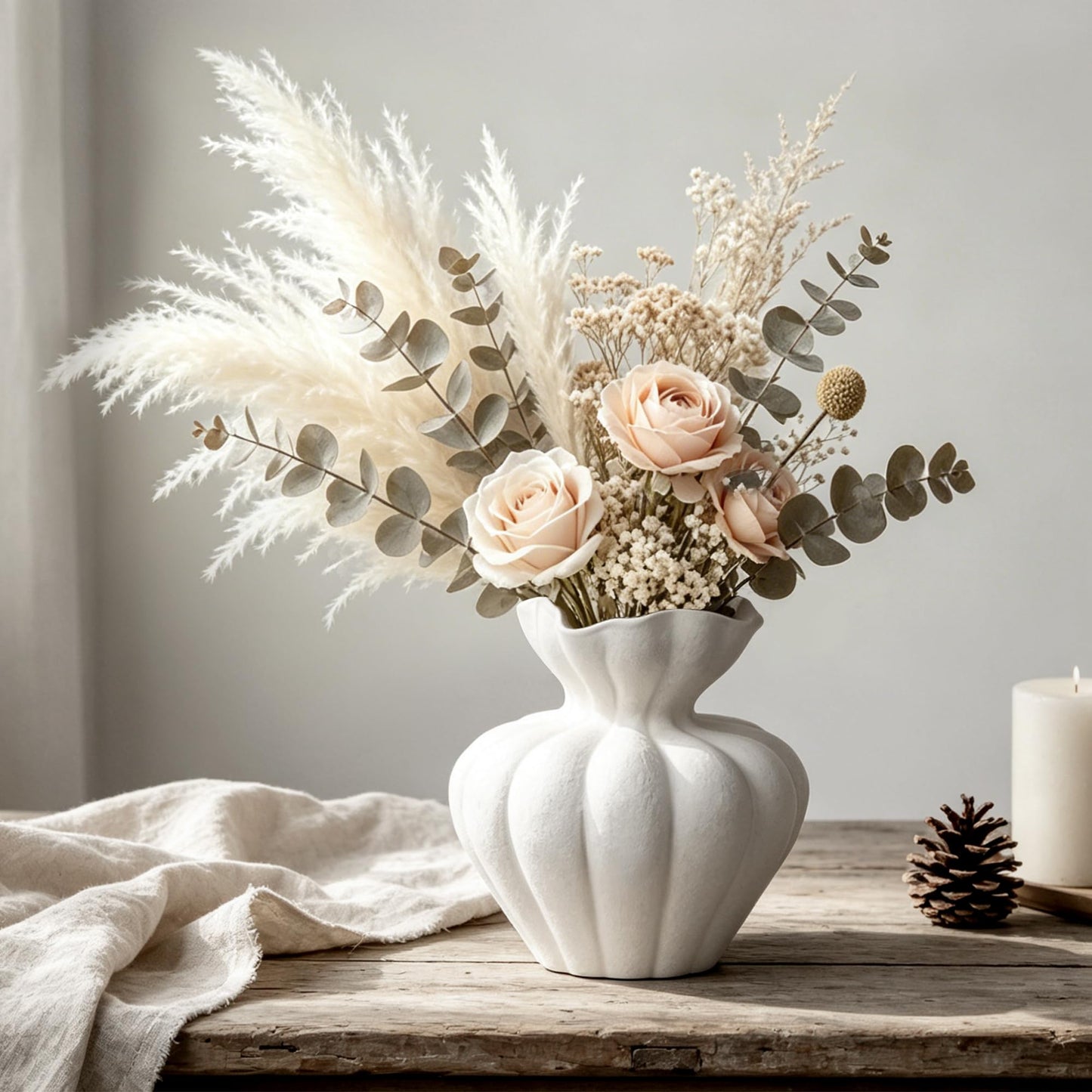 White Ceramic Vase, 8.3in Modern Boho Farmhouse Retro Art Table Centerpiece for Living Room Cabinet Dried & Fresh Flower Arrangement Decorations
