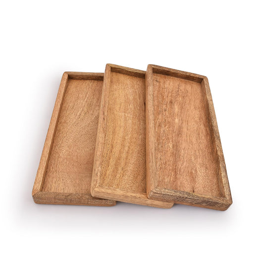 Samhita Mango Wood Serving Platter with Raised Edge -Set of 3 for Display Fruit Snacks Appetizer Sushi Food Decorative (12" x 5" x 0.75")