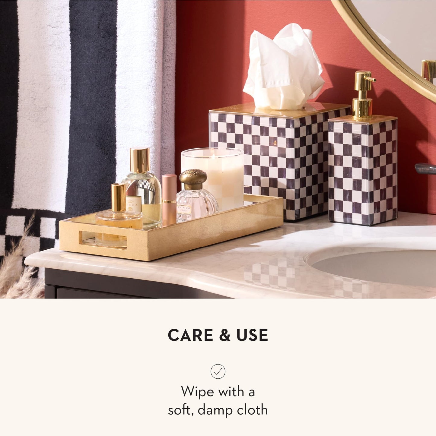 MACKENZIE-CHILDS Glass Tissue-Box Cover, Boutique Bathroom Decor, Black-and-White Courtly Check