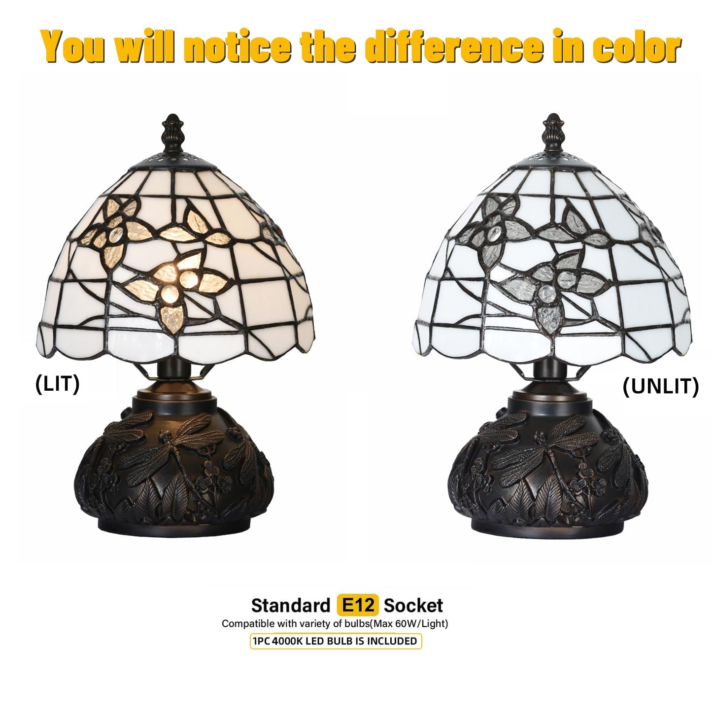 HomeBeauty TL0022 Small Tiffany Lamp,Stained Glass Lampshade Dragonfly Resin Base, Mini Desk Light for Bedside Nightstand, W8 X H11.8 Inch for Bedroom Living Room, LED Bulb Included (White Flowers)