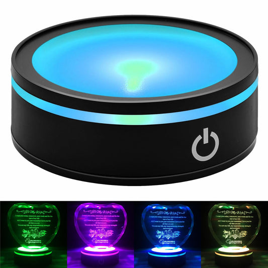 FIEIFI Touch Switch LED Light Display Stand Base for 3D Crystal Glass Art,Room Decoration and Holiday Casual Atmosphere Ornament Lamp- 3.15” Round Illuminated Holder Colorful Lights - Black (Flat)