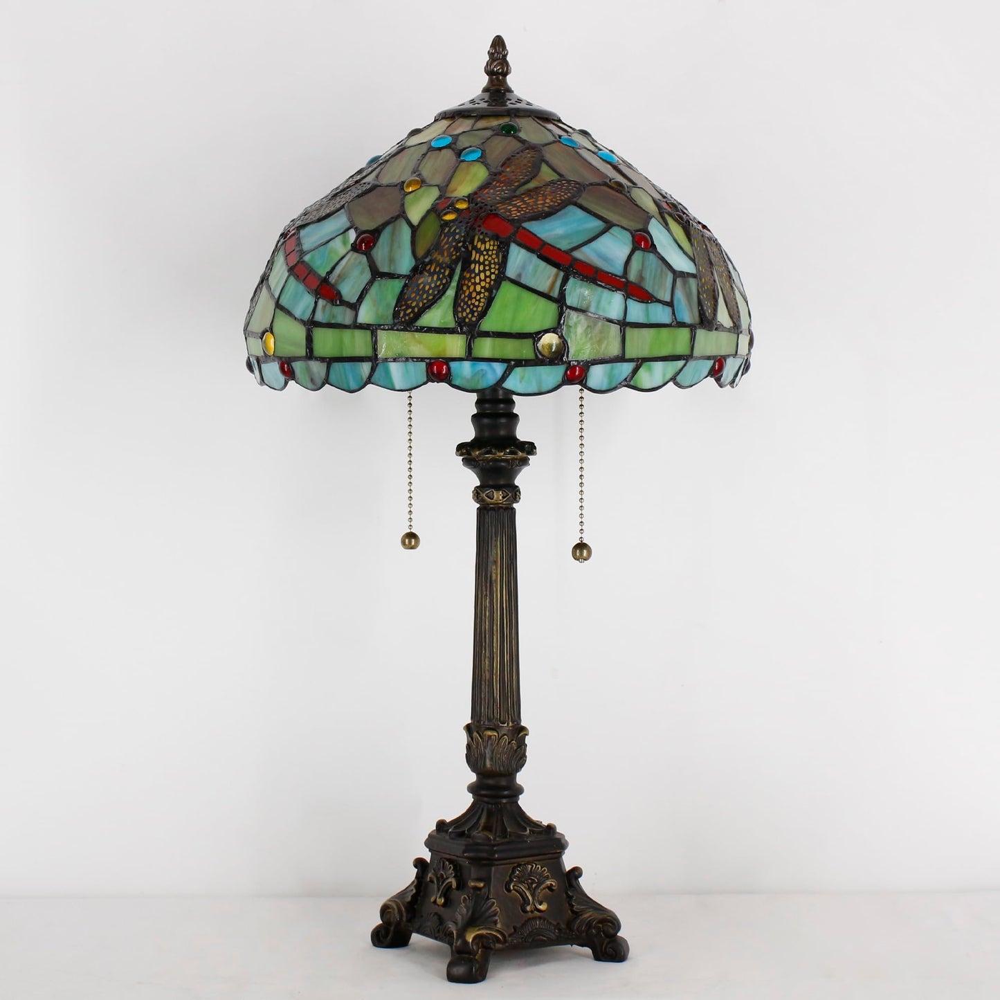 L-Juicwe Tiffany Table Lamp Green Red Stained Glass Desk Lamp 12X12X21 Inches Dragonfly Style Reading Light