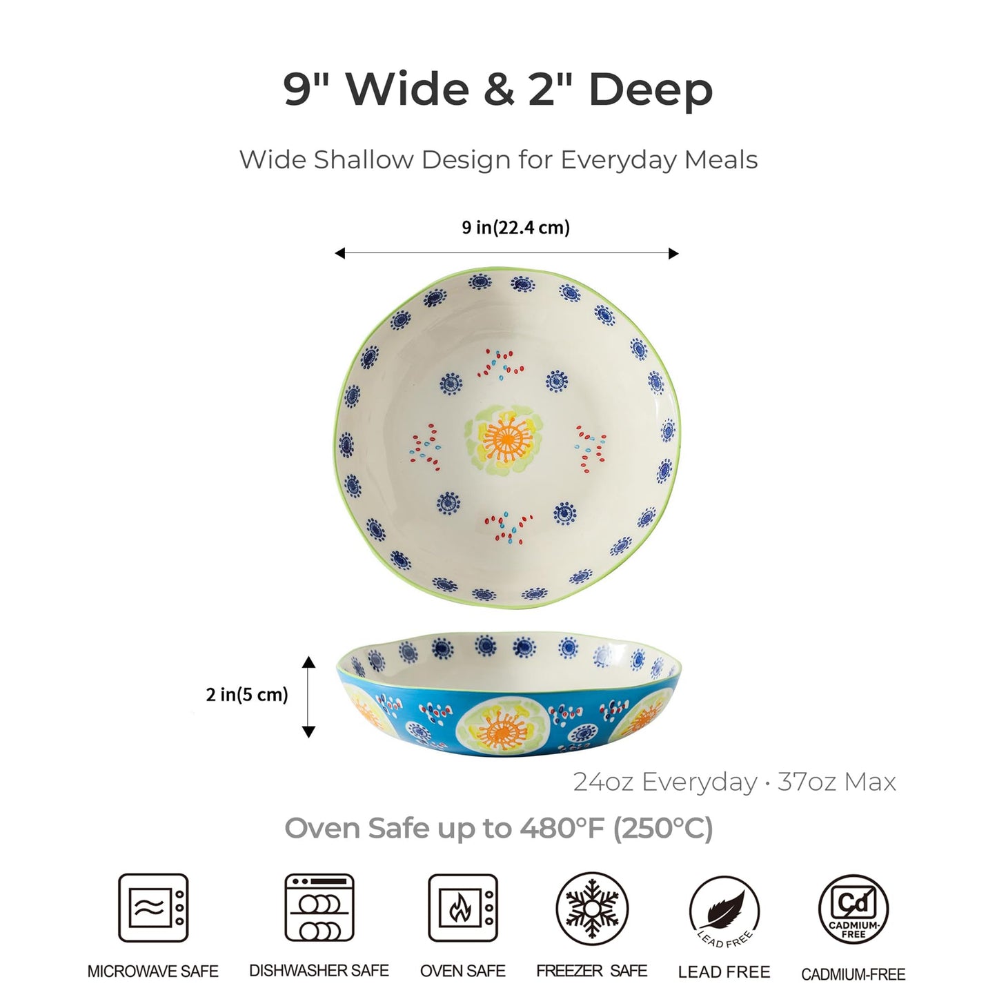 Hand-Painted 9 Inch Soup and Pasta Plate Set of 4,Wide and Gently Deep Ceramic Dinner Plates for Salad Breakfast Everyday Meals,Microwave Oven Safe up to 480°F,Lead-Free Stoneware,Giftable Ocean Blue
