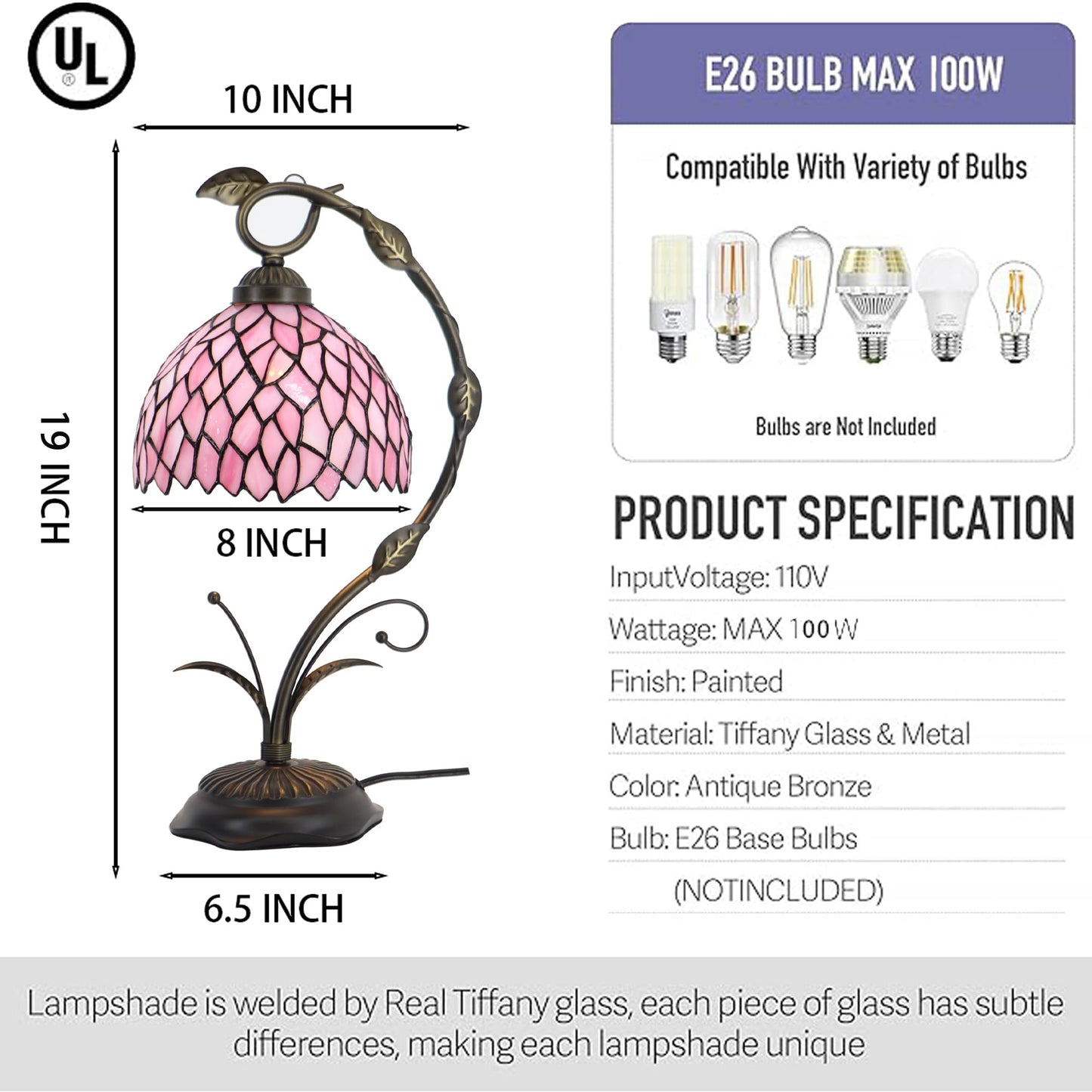 LXHCYOU Tiffany Table Lamp, Stained Glass Desk Reading Light, 8X10X19 Inches, Metal Leaf Base (Pink Wisteria)