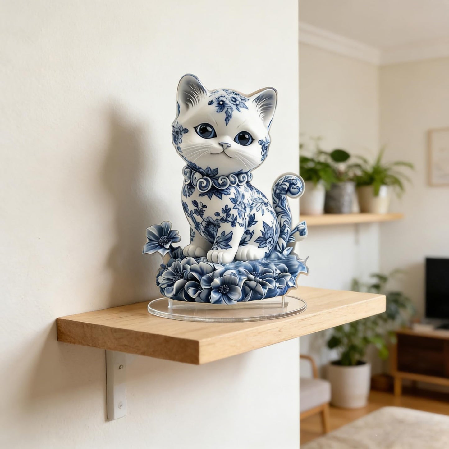 Desktop Standee, Rotatable Elf Acrylic Stand, 2D Flat Art Fairy and Peacock Tabletop Decorative Ornament, Home Study Room Bookshelf Office Creative Decor Supplies (Blue and white porcelain-cat)