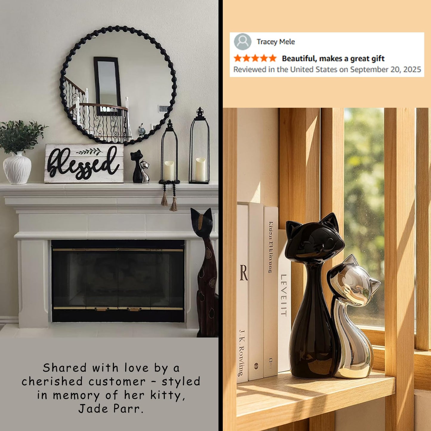 SURE YUESI Ceramic Cat Statue Set of 2, Black & Silver Cute Cat Figurines, Desk & Shelf Decor for Cat Lovers, Office Home Decor, Lucky Cat Memorial Gift for Women