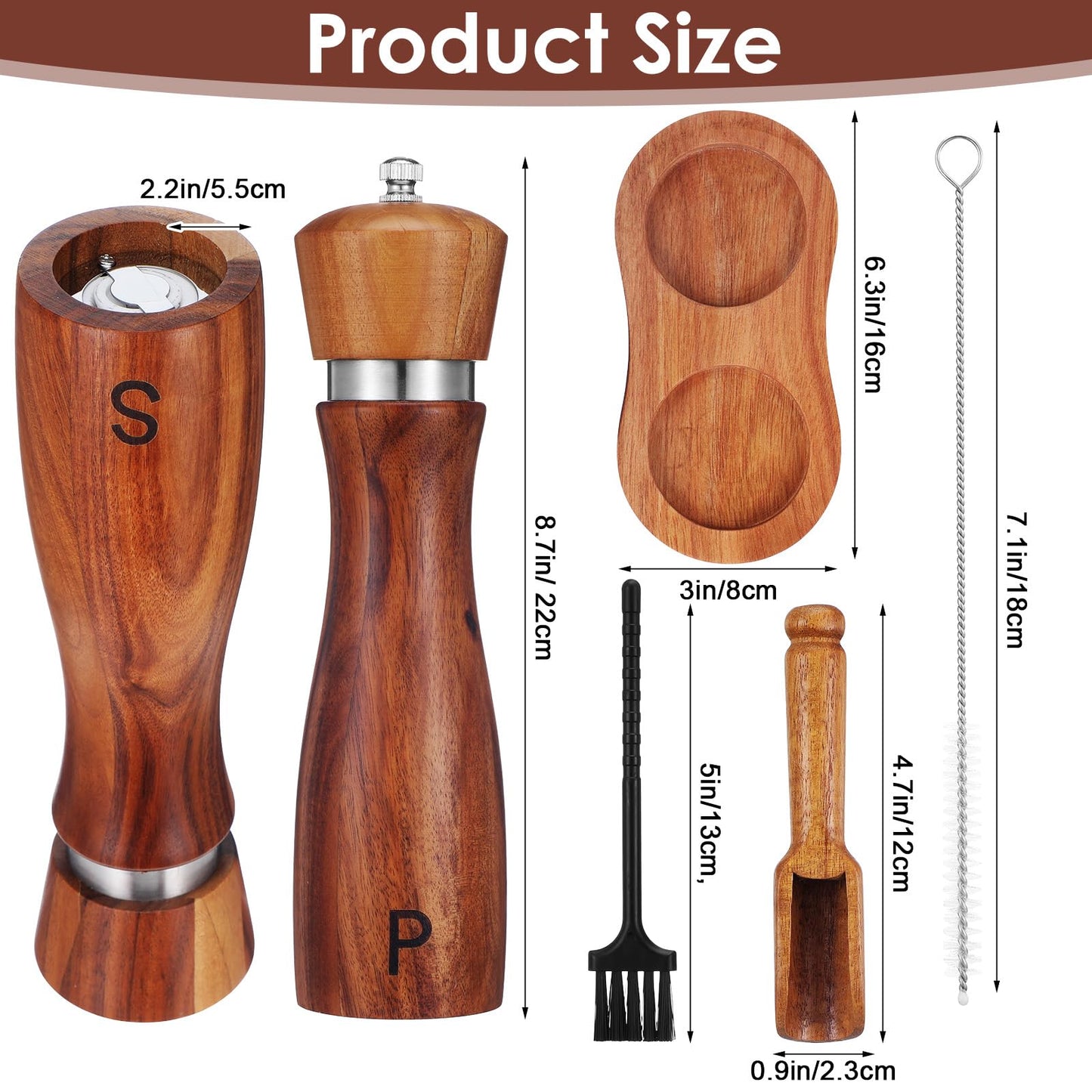 Ckhoid 2Pcs Wooden Salt and Pepper Grinder Set, Manual Pepper Grinder with Ceramic Core, Adjustable Coarseness, Along with Salt&Pepper Mill Tray, Spoon (8.7 Inch)