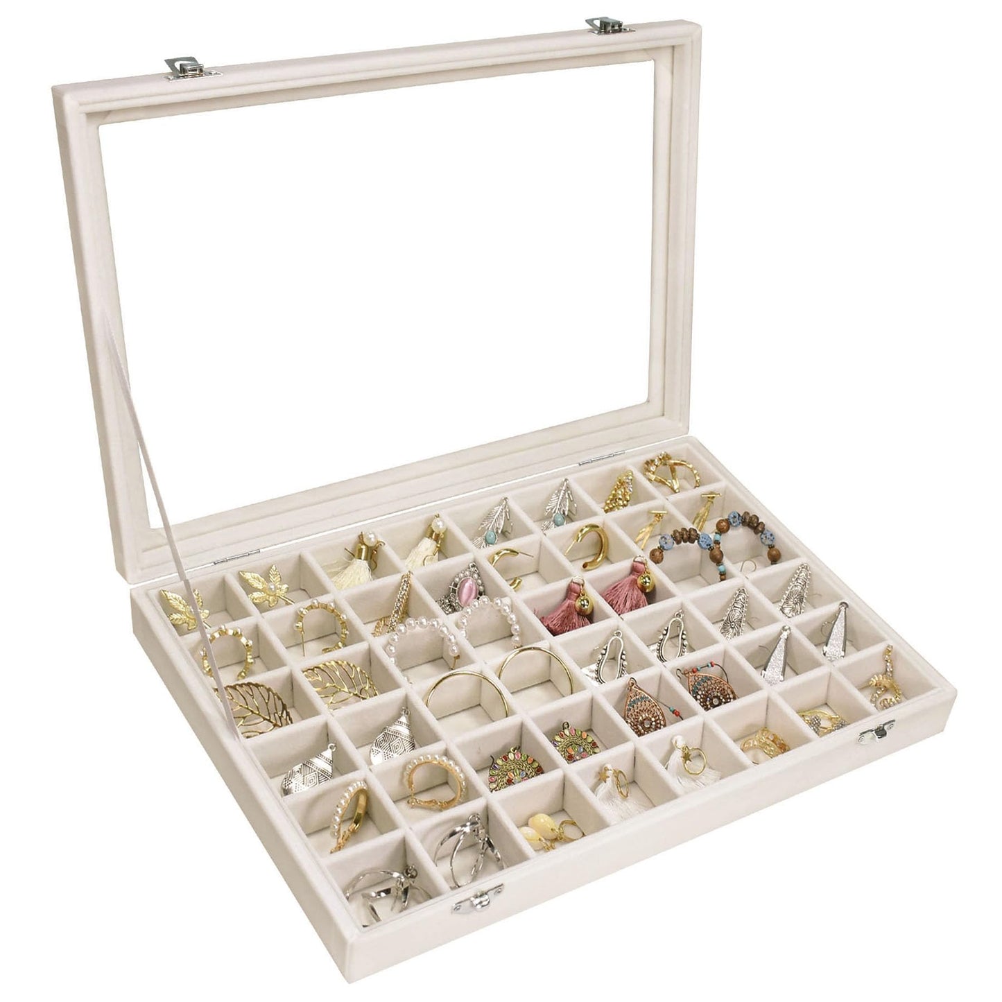 Siveit Velvet Jewelry Tray 48 Grid Jewelry Display Tray Organizer Box with Transparent Lid Rings Earrings Necklaces Pendants Display Box Suitable for Women and Girls (Beige)
