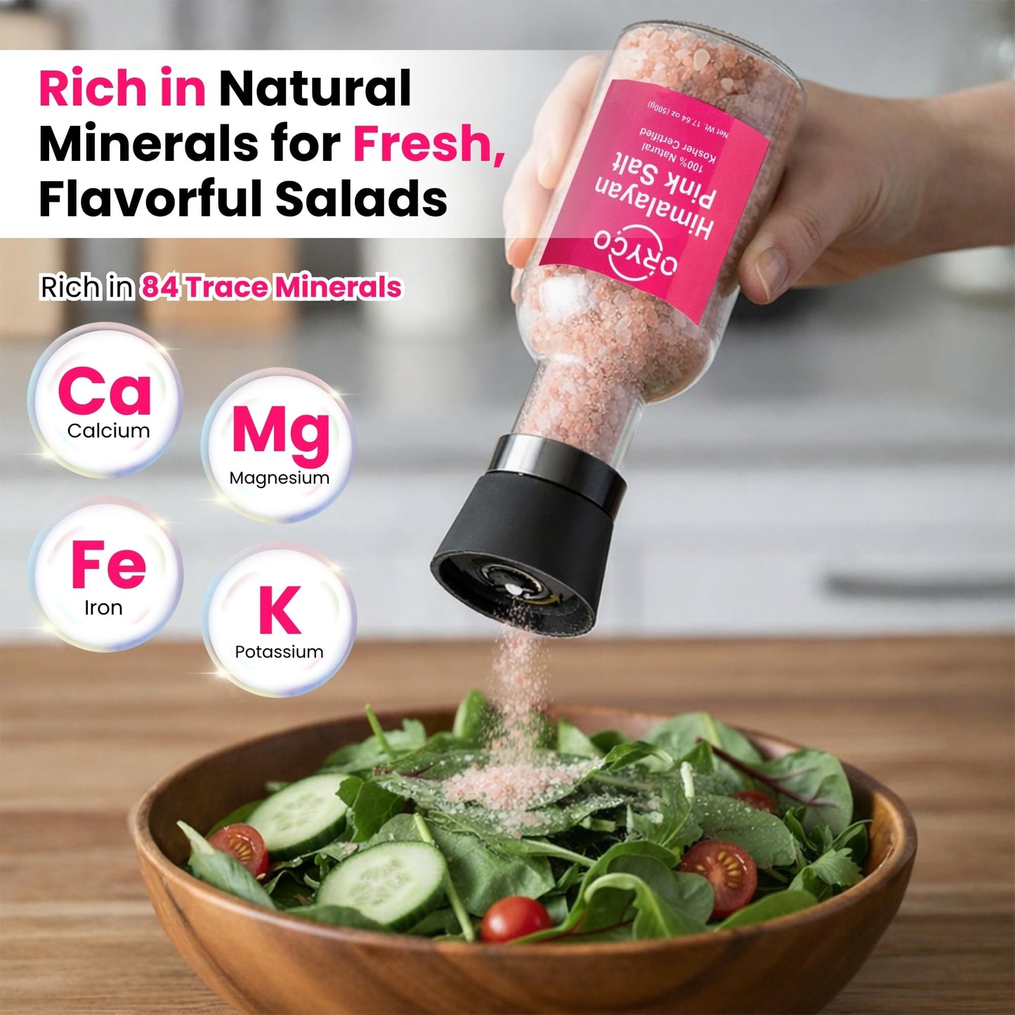 Oryco Himalayan Pink Salt Glass Grinder (17.64 oz) 500g – Refillable Coarse Pink Salt with Grinder, 100% Natural, Kosher, Non-GMO, Fresh Ground Salt for Cooking, BBQ & Kitchen Use