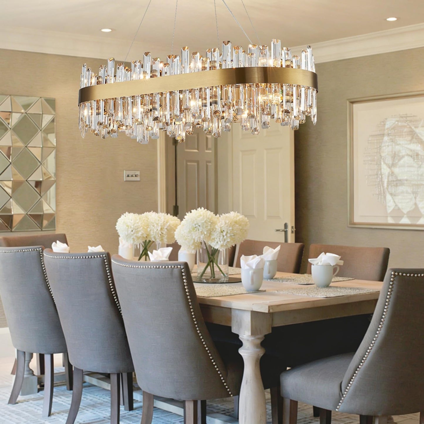 Siljoy Rectangle Gold Crystal Chandelier, 16-Light Modern Dimmable K9 Crystal Raindrop Chandelier, Adjustable Height Oval Crystal Pendant Ceiling Light for Living Dining Room Kitchen L35.4''