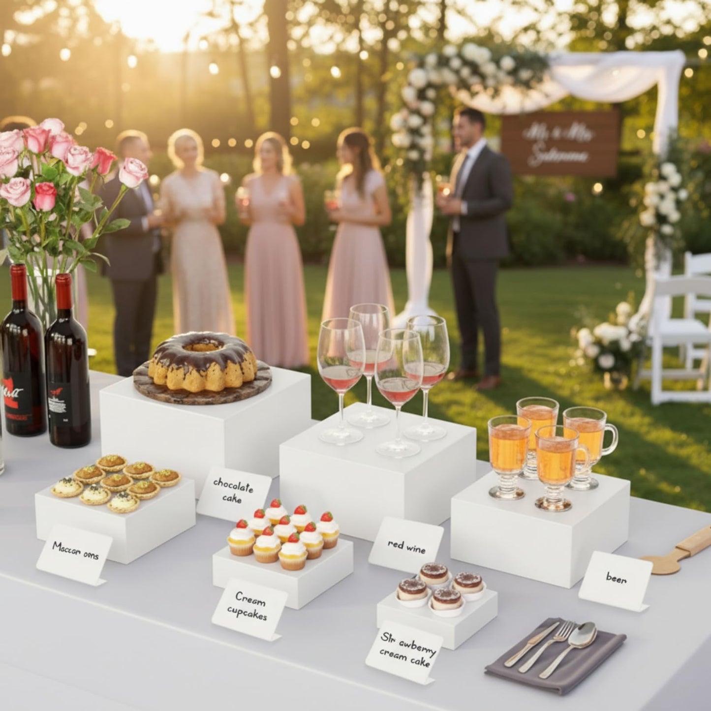 Blosssound 8 Pieces White Acrylic Risers with 8 Signage 2 Markers, 3-10 Inch Cube Nesting Risers Display Stands with Hollow Bottoms for Buffet Table Catering Dessert Food Collectibles Show