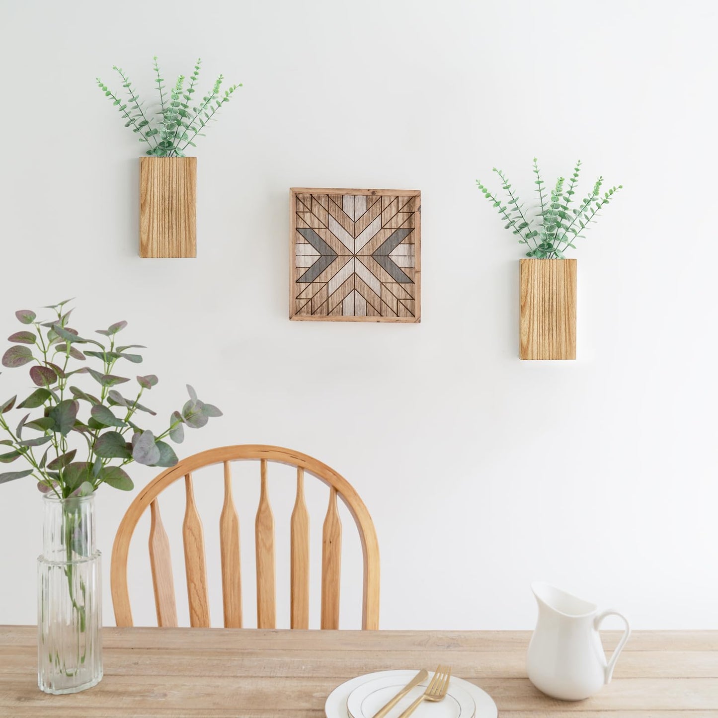 Dahey 2 Pack Wood Wall Planter Vase with Artificial Eucalyptus Farmhouse Wall Hanging Decor Pocket Planter for Indoor Fake Plants Greenery Flowers, livingroom Bedroom Kitchen Home Office Decoration