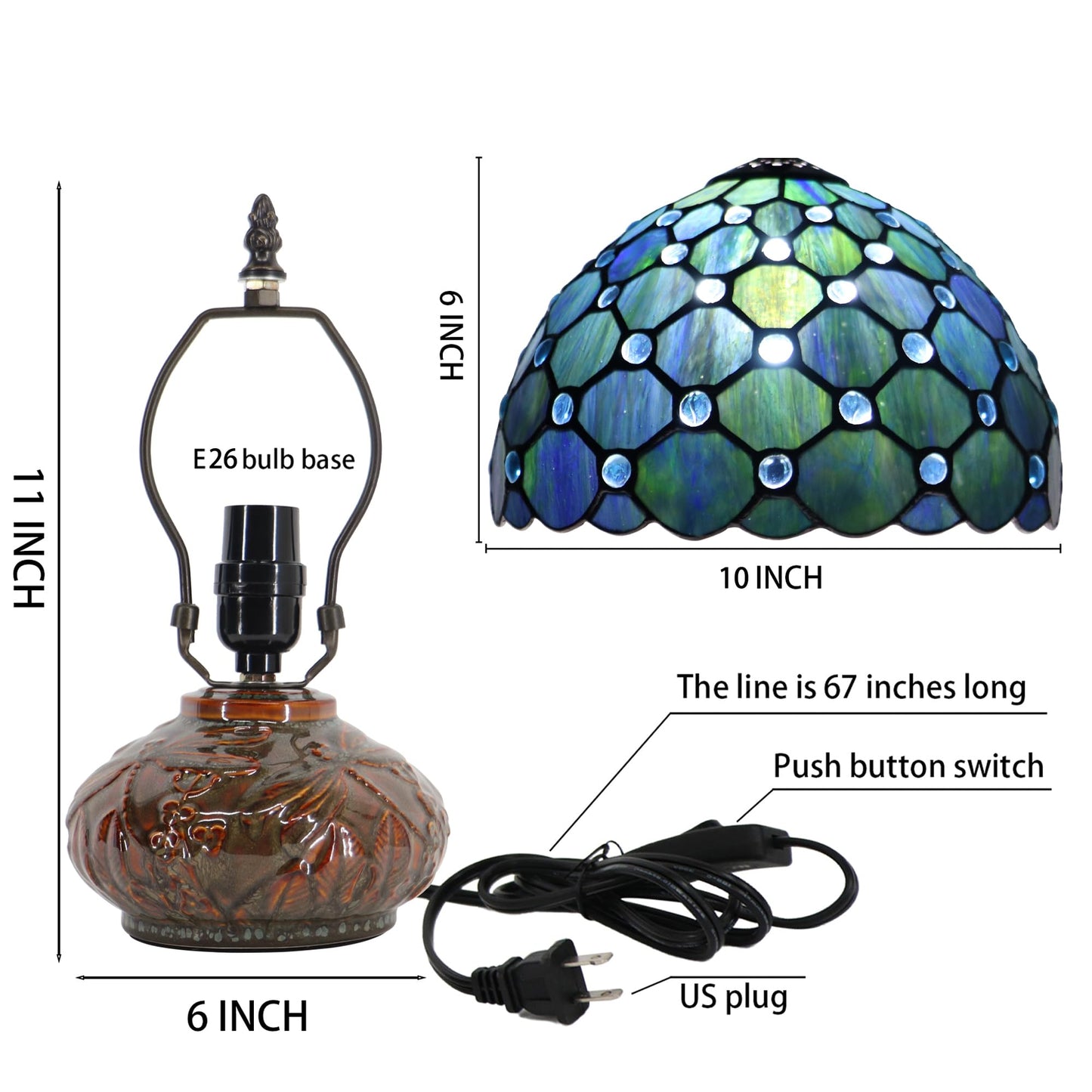 LXHCYOU Small Tiffany Table Lamp, 10X10X11 Inch Mini Stained Glass Mushroom Desk Light Memory Sympathy Ceramic lamp (Sea Blue Pearl Style)