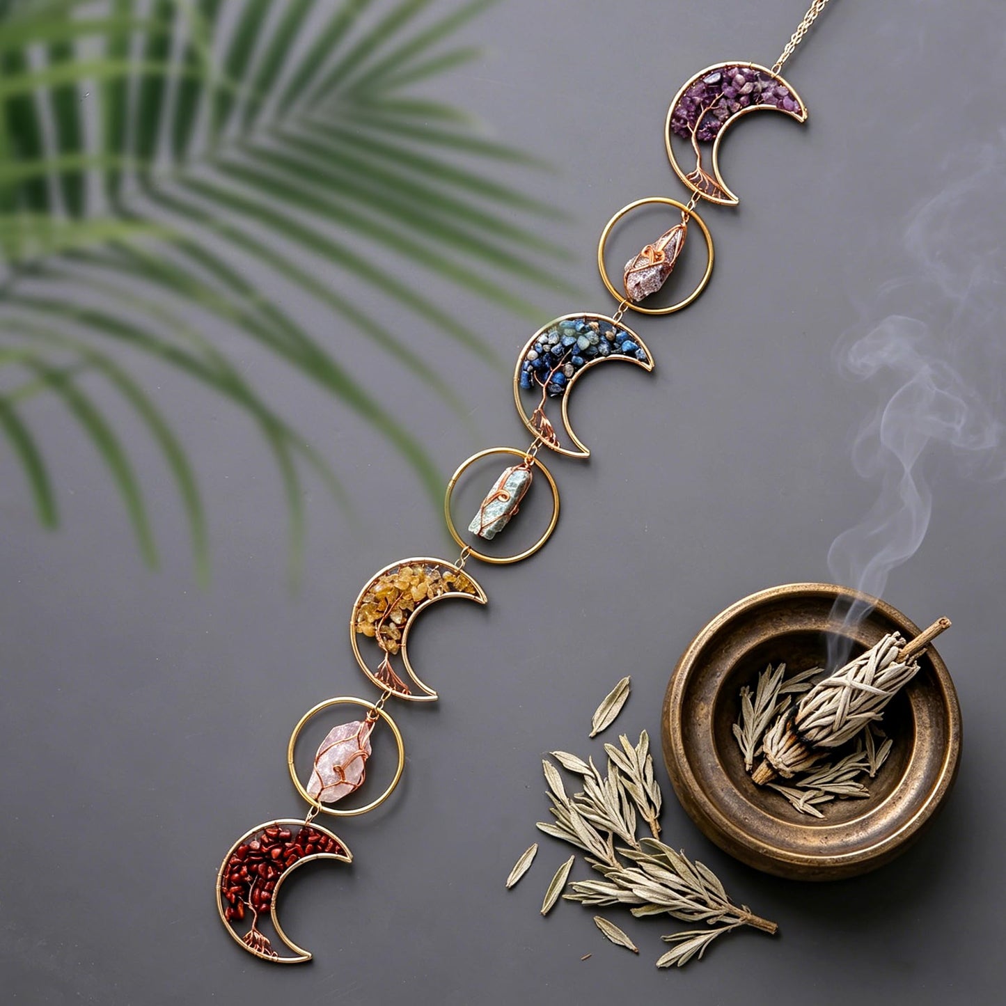 7 Chakra Crystal Dream Catcher, 7 Rings Moon Phase Wall Hanging, Handmade Natural Gemstone Tree of Life Window Decor Ornament, Boho Home Decor, Spiritual Gift for Women, Crystal Lovers