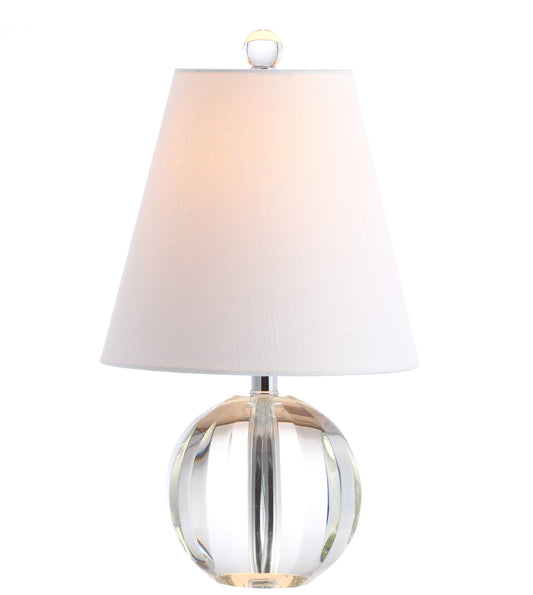 JONATHAN Y 16" Clear Crystal Ball LED Table Lamp, White Modern Bedside Lamp, with White Linen Empire Shade, Glam Orb Glass Nightstand Lamp for Living Room, LED Bulb JYL2079A