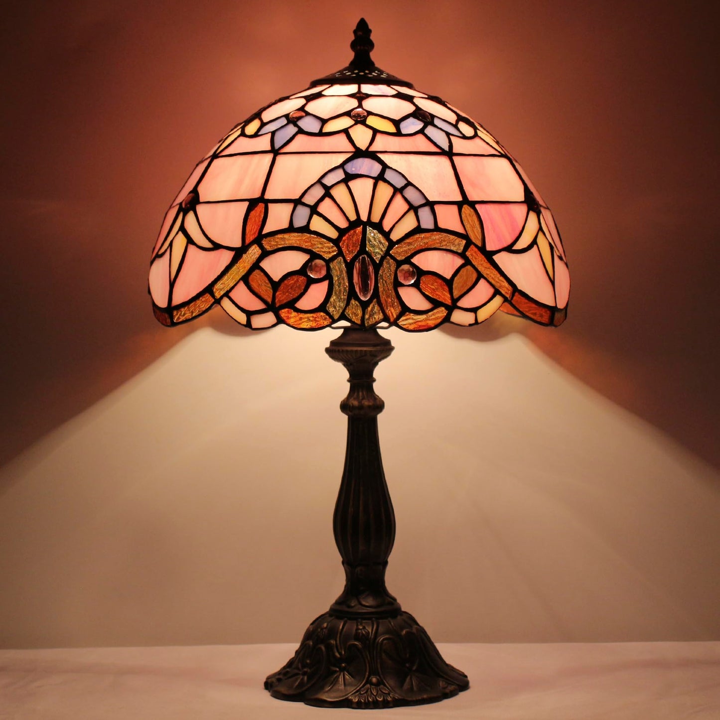 L-Juicwe Tiffany Lamp Touch Control Table Lamp Pink Stained Glass Desk Lamp 12X12X19 Inches Baroque Style Reading Light