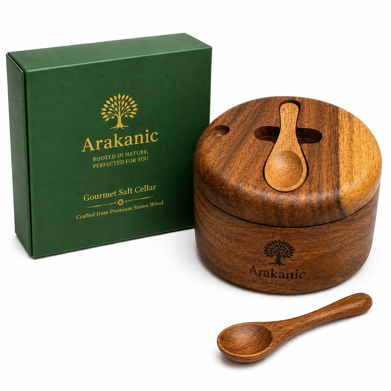 Arakanic Premium Wooden Salt Cellar with Lid & 2 Spoons – Handmade Hardwood Salt Box with Kitchen Salt Container for Sea Salt, Spices & Seasoning – Elegant Kitchen Decor