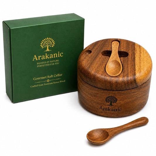 Arakanic Premium Wooden Salt Cellar with Lid & 2 Spoons – Handmade Hardwood Salt Box with Kitchen Salt Container for Sea Salt, Spices & Seasoning – Elegant Kitchen Decor
