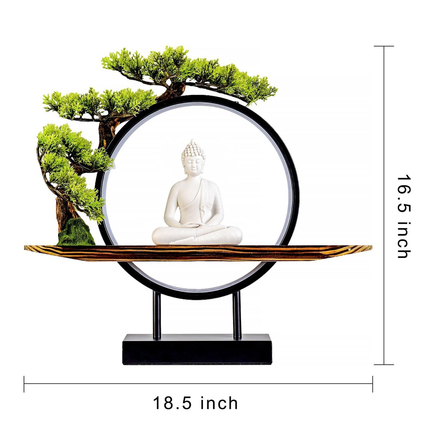 Houlu White Buddha Statue with Green Artificial Tree and LED Circle Table Lamp, Indoor Ceramic Buddha Statues for Home Decor, 16.5 in