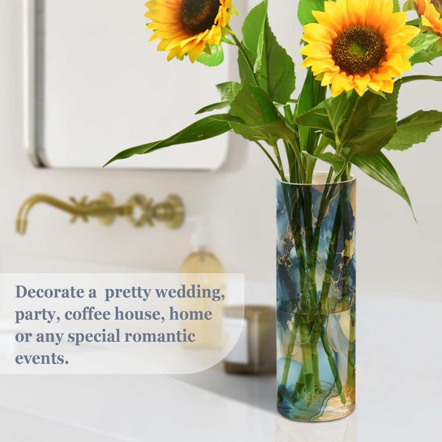 ALAZA Blue & Gold Marble Art Flower Vase Decorative Floreros for Home Decor Bedroom Living Room Office Table Shelf Bathroom