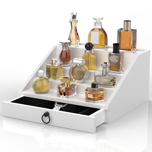 upcessory Wooden Cologne Organizer for Men Enhanced 4 Tier Cologne Stand Shelf Perfume Organizer with Velvet Lined Drawer & Hidden Storage Perfume Display Holder for Dresser Nice Gift (Elegant White)