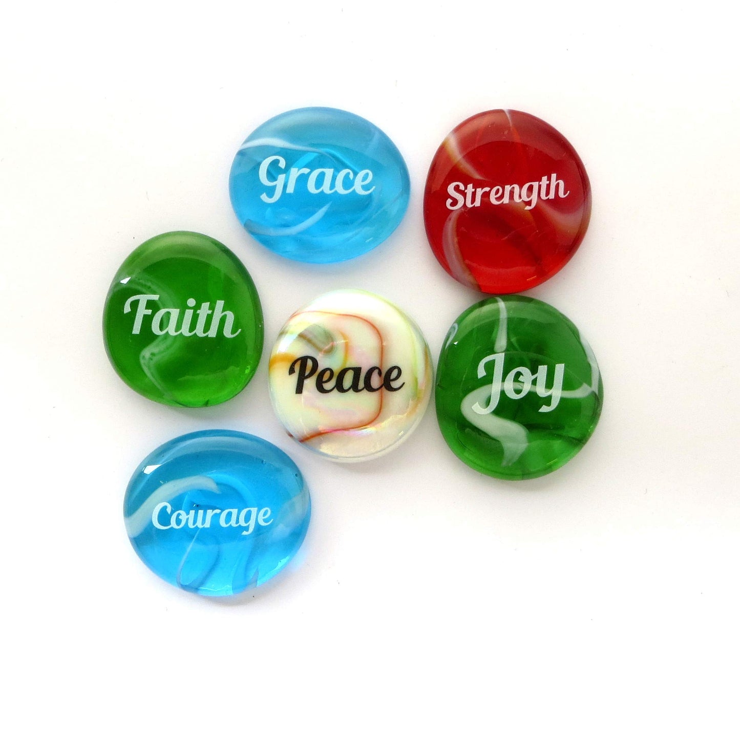 Lifeforce Glass Festival Glass! Deluxe, Unique Imprinted Glass Stones. Six Inspiring Words on Which to Focus Set II