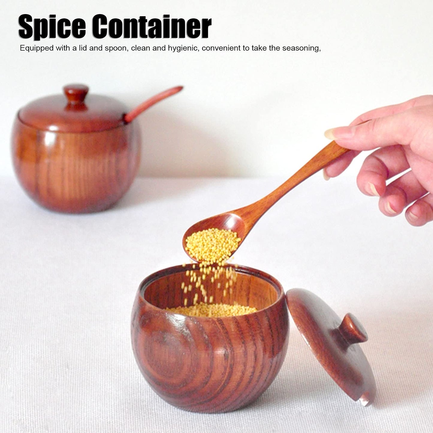 MOUMOUTEN Wood Spice Pot, Natural Wooden Salt Cellar with Lid and Spoon, Sugar Container Vintage Spice Jar Seasoning Container Cooking Utensil for Serving Condiment Chili Powder