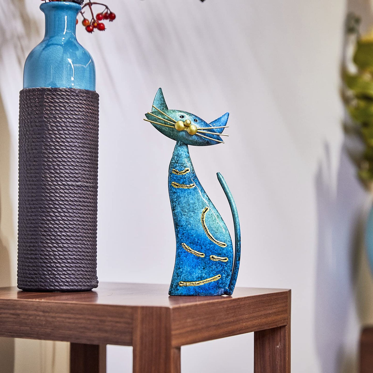 Aayla Cat Statues – Set of 3 Small Blue Aqua Cats Figurine Adorable Kitty Gift for Cat Lovers, Home Kitchen Decoration (8.5" H Blue)