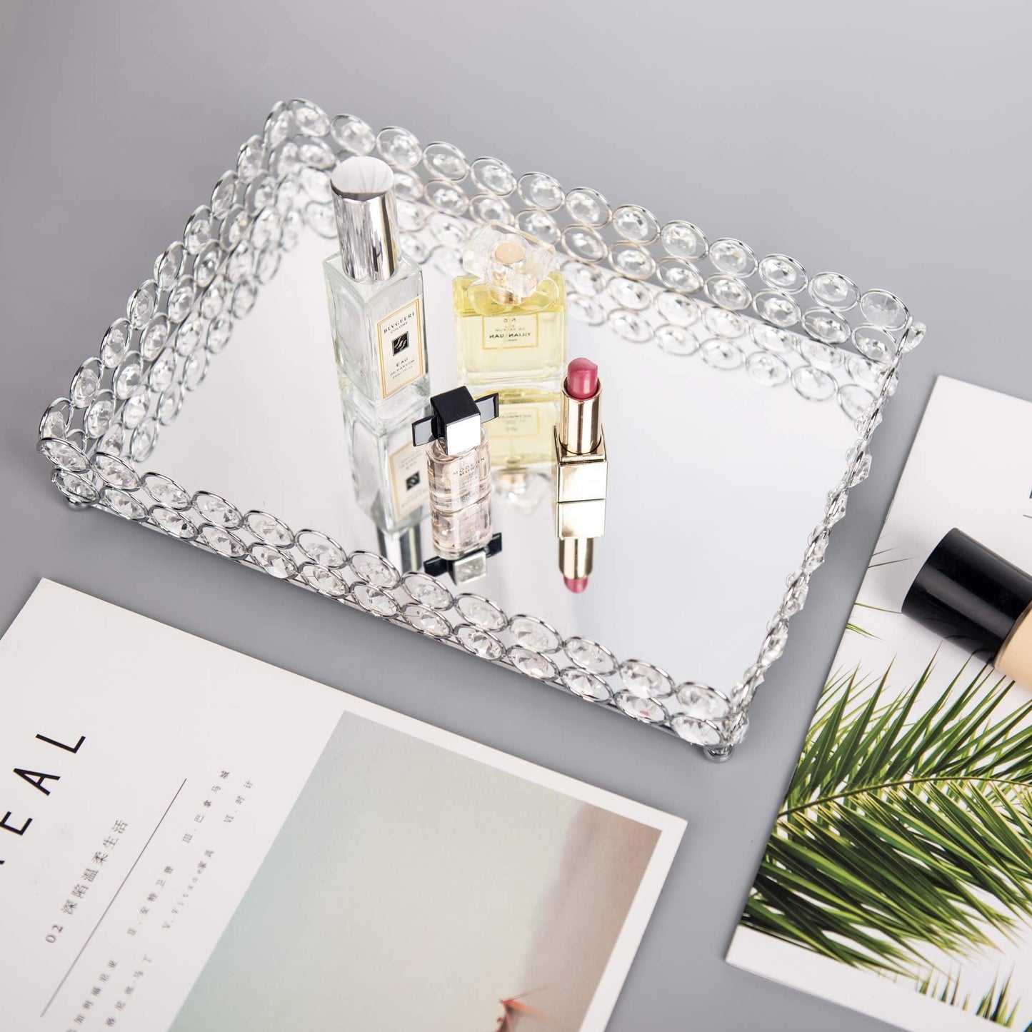 Feyarl Crystal Vanity Makeup Perfume Tray Ornate Jewelry Trinket Organizer Cosmetic Decorative Tray Skin Care Storage for Home Dressing Table Wedding Decoration(Rectangle 12" x 8")