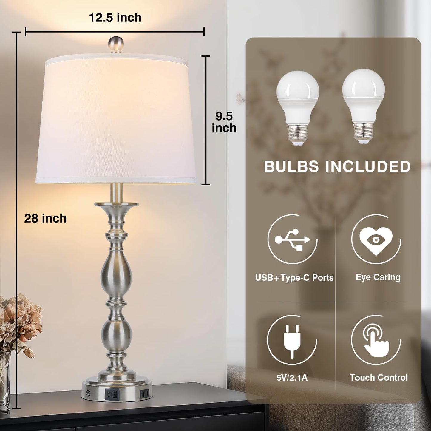 MOUVOVO 28" Tall Modern Table Lamps Set of 2 with USB A+C Ports and AC Outlet, 3 Way Touch Metal Bedside Lamps for Bedroom, Silver Farmhouse Nightstand Lamps for Living Room