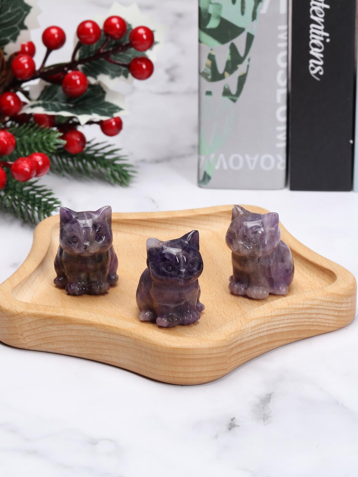 Top Plaza Healing Amethyst Crystal Cat Figurine Carved Lucky Cute Stone Cat Statue Decor for Home Office Desk Mini Gemstone Crystal Cat Gifts Christmas 1.5″