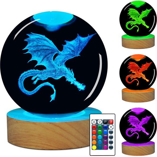 3D Dragon Lamp Night Light Gift, 16 Colors Crystal Ball Light Decor with Remote, Fantasy Dragon Figurine Decoration Ornament for Dungeons and Dragons DND Birthday Christmas Gifts Accessories Women Men