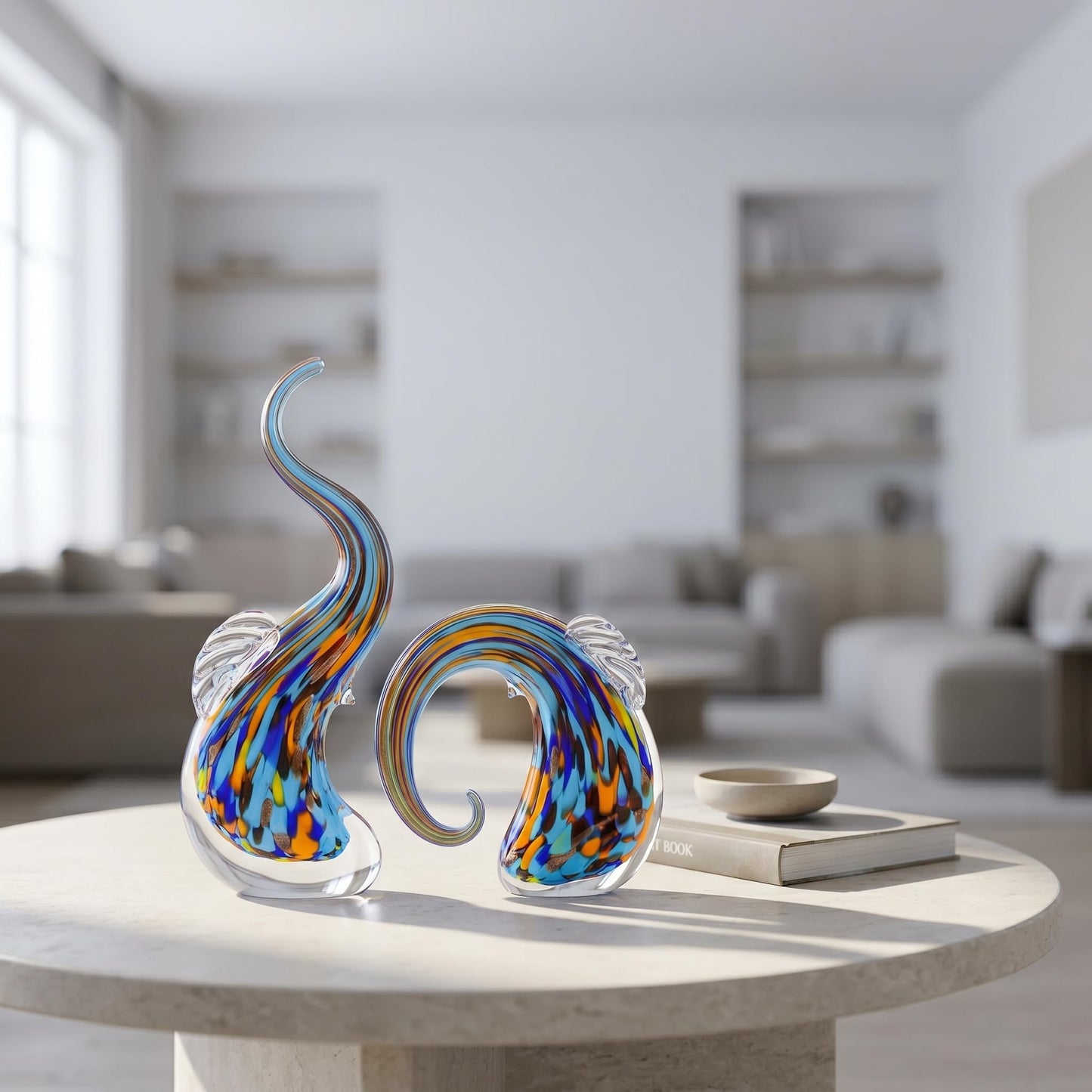 suruim Hand Blown Murano Glass Elephant Statues Set - Luxury Sculptures Home Decor for Living Room & Office Art Glass Ornament Animal Collectible (Green)