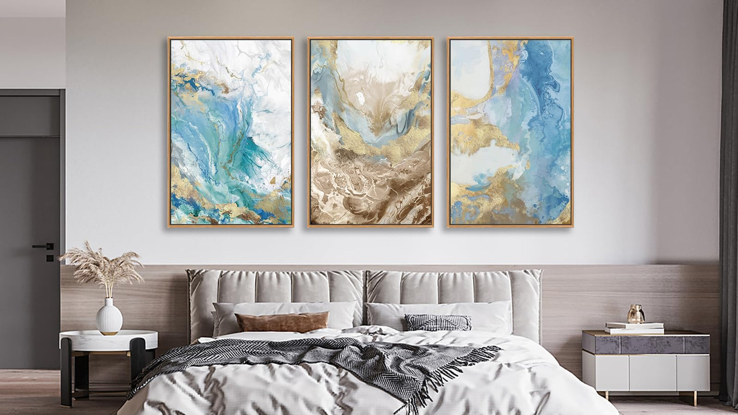 NINEASO Abstract Ocean Framed Wall Art – Vibrant Blue Turquoise Gold White Canvas Pictures Modern Swirls Painting Artwork for Living Room, Office & Home Wall Decor 24 x 16in * 3, Natural Wood Frame