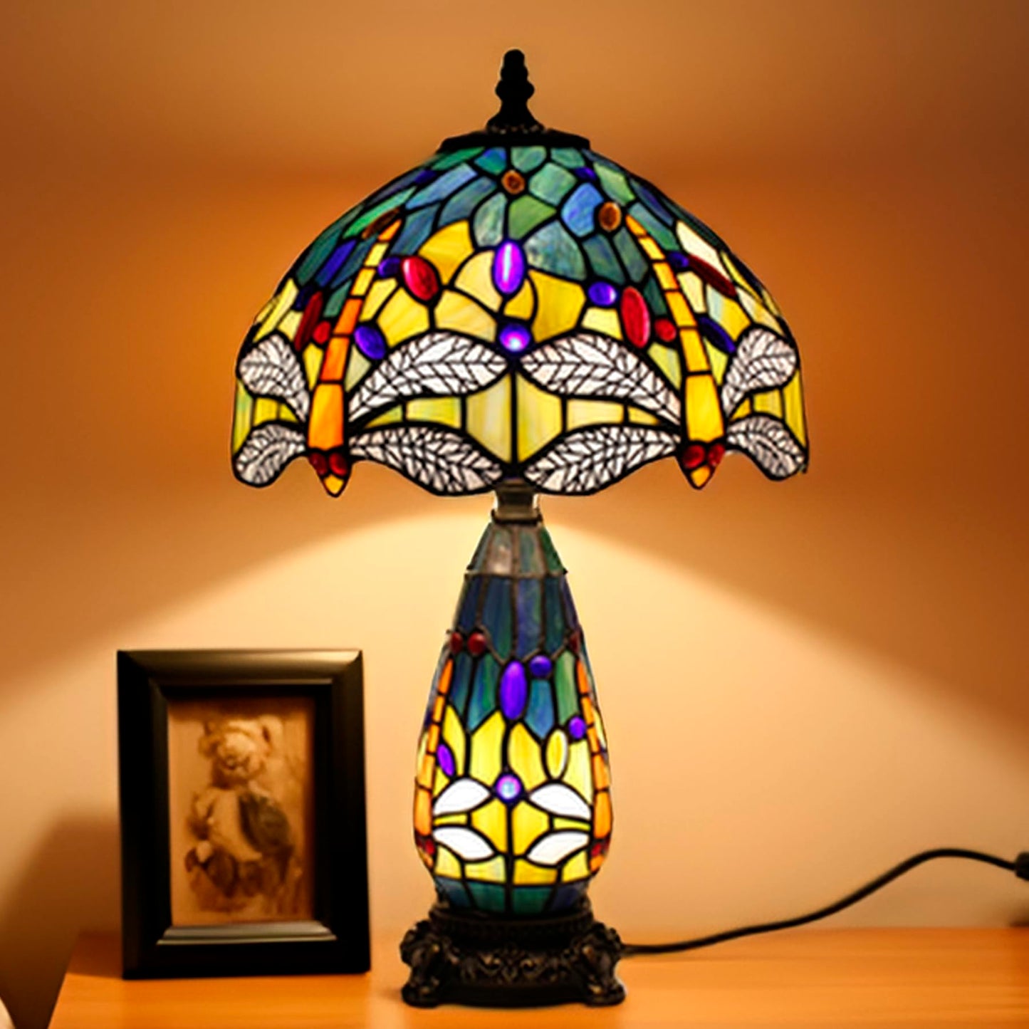 TCODTPOL Tiffany Stained Glass Table Lamp 12X19 Inches Blue Yellow