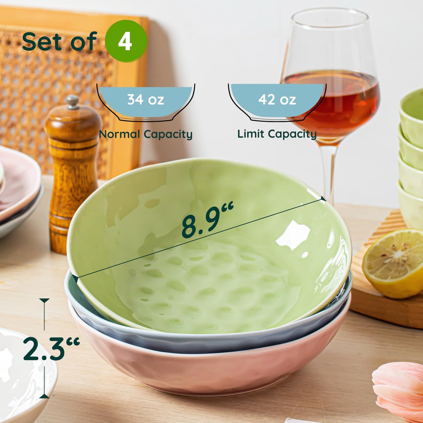 HOMBENE Sun-glitter Plate Bowls 42oz, Mint Glow Green Set of 4,Porcelain Wide and Shallow, Noodle Fruit, Dinner, Large Salad Bowls for Serving Soup Kitchen Dinnerware Sets