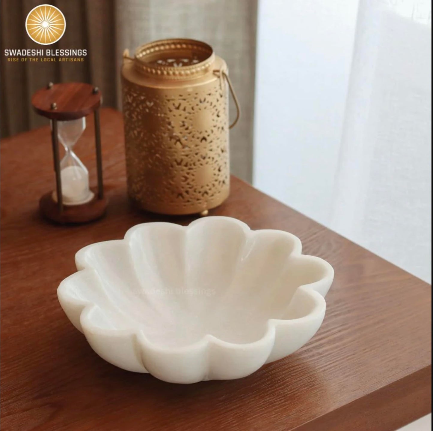 SWADESHI BLESSINGS HandCrafted Marble Decorative Bowl | White Ruffle Scalloped Fluted Key/Fruit Ring Dish | Organic Modern Home Decor (7 Inches)