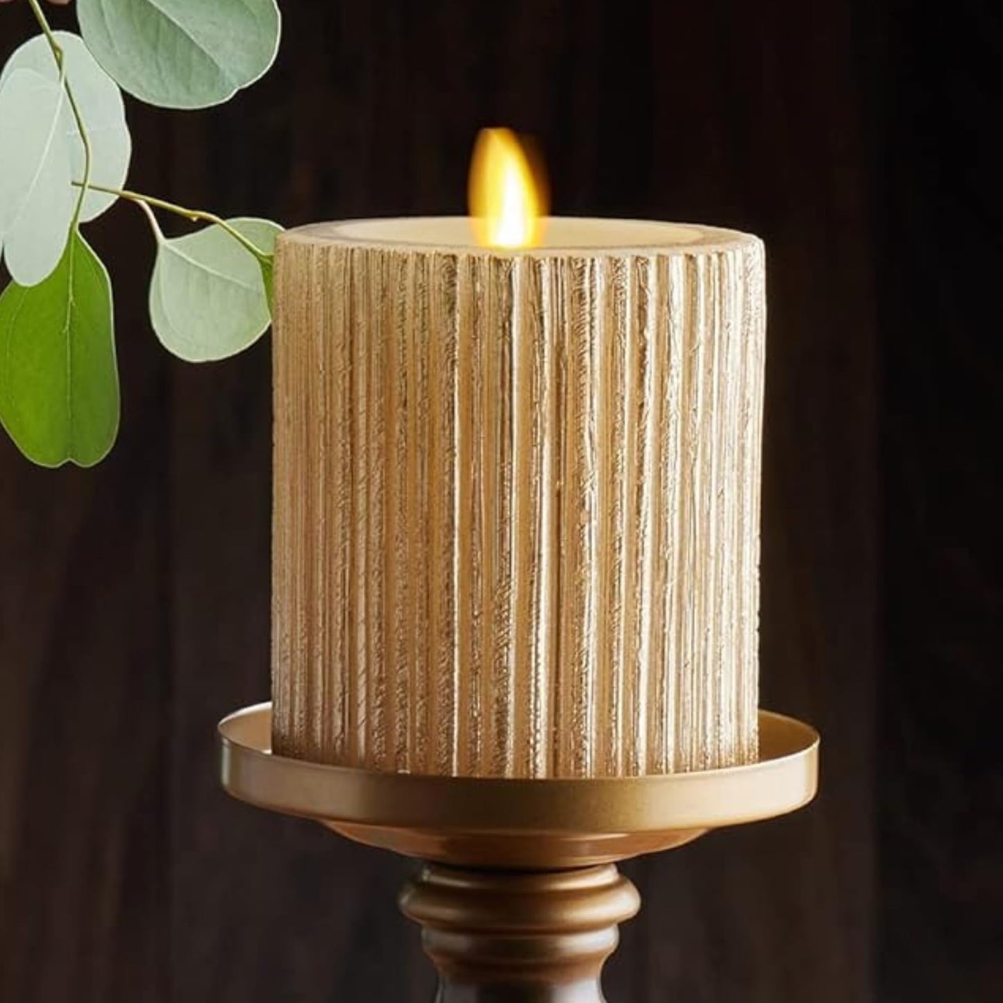 Luminara Metallic Embossed Pillar, Champagne Flameless LED Candle 3.25" x 4.5", Battery Operated Real Flame Technology w/Timer Function, Paraffin Wax