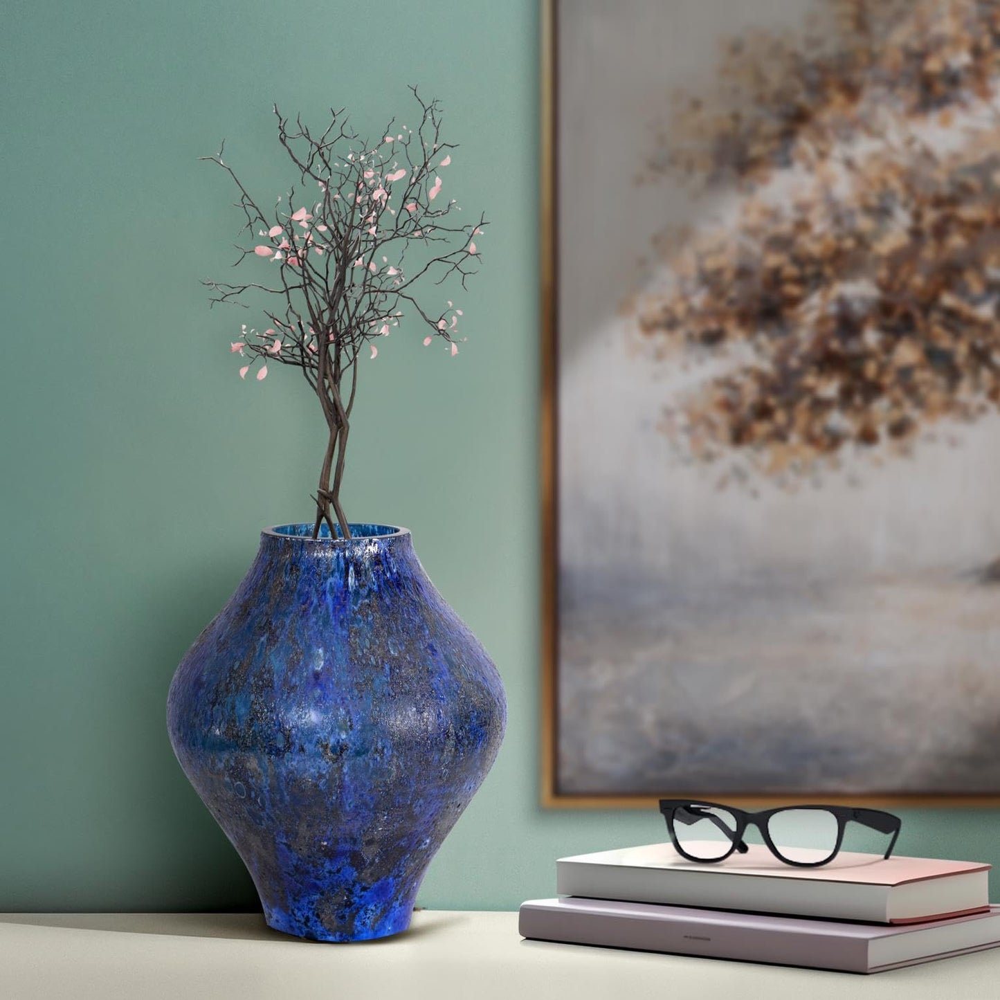 Howard Elliott Collection Zynsky Art Glass Vase, Moon Rock Textured Oval Deep Azure Blue Decorative Flower Vase for Weddings, Floral Arrangements, Living Room & Table Decor, 9.5 x 7.5 Inch