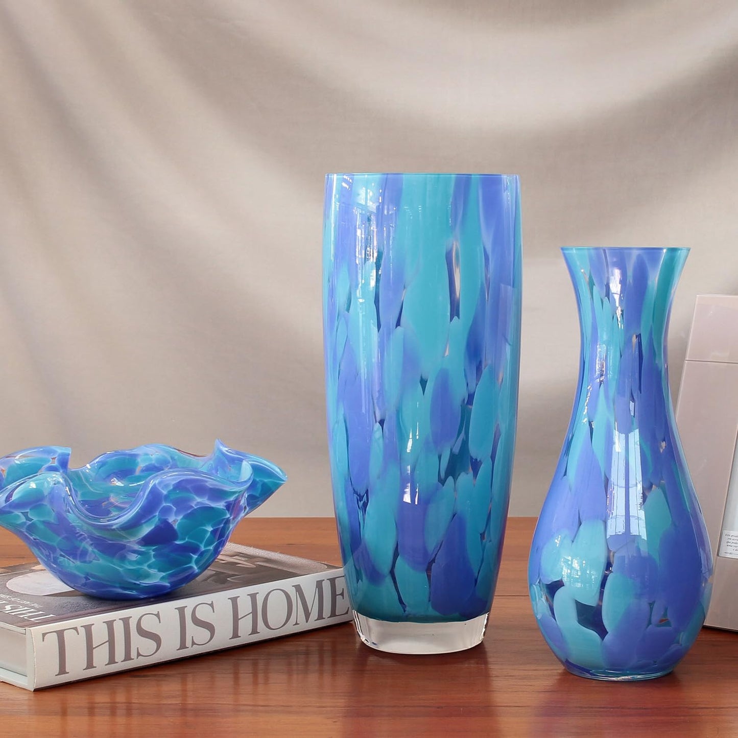 Murano Style Art Glass Vase Hand Blown Blue Confetti Effect Home Decor