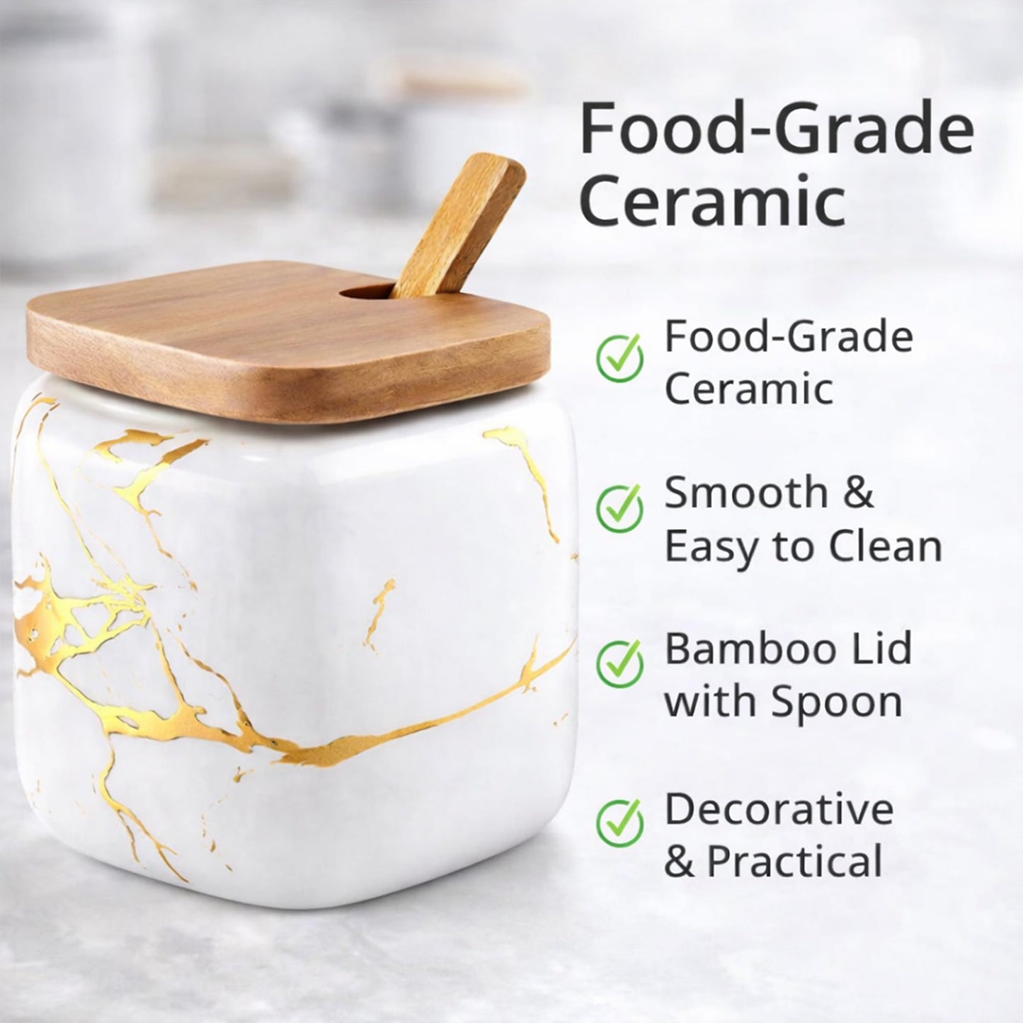 JFFLYIT Marble Ceramics Sugar Bowl Ceramic Seasoning Box Ceramic Spice Jars Porcelain Condiment Pots with Lid and Spoon (White)