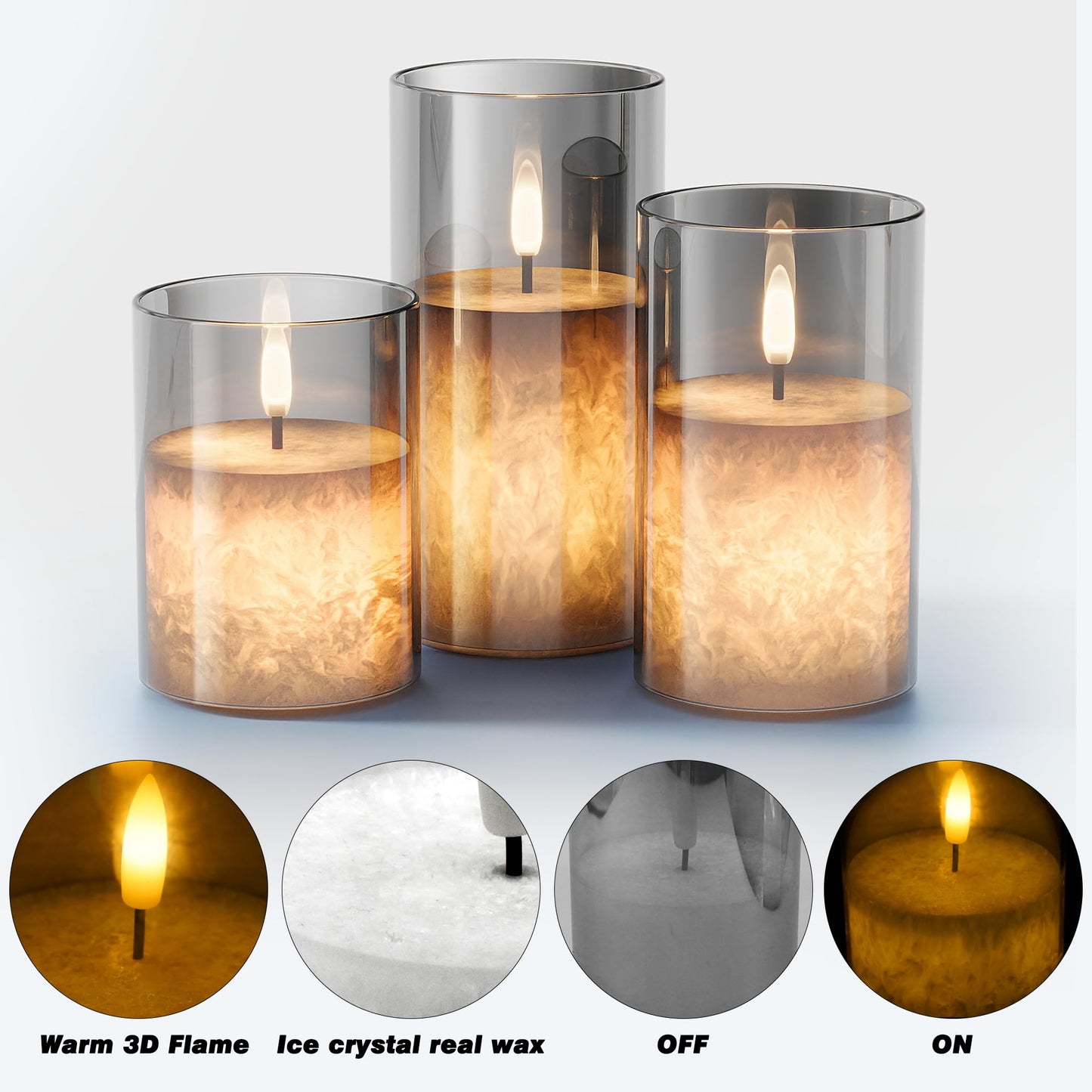 Battery Operated Flameless Candles with Remote & Timer, Grey Glass 3Pack