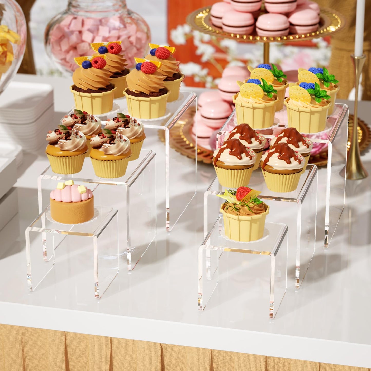 NIUBEE 2 Set Acrylic Risers Display for Funko POP Figures,Clear Cake Stands for Candy Dessert Table Decorations-3"x4"x5"